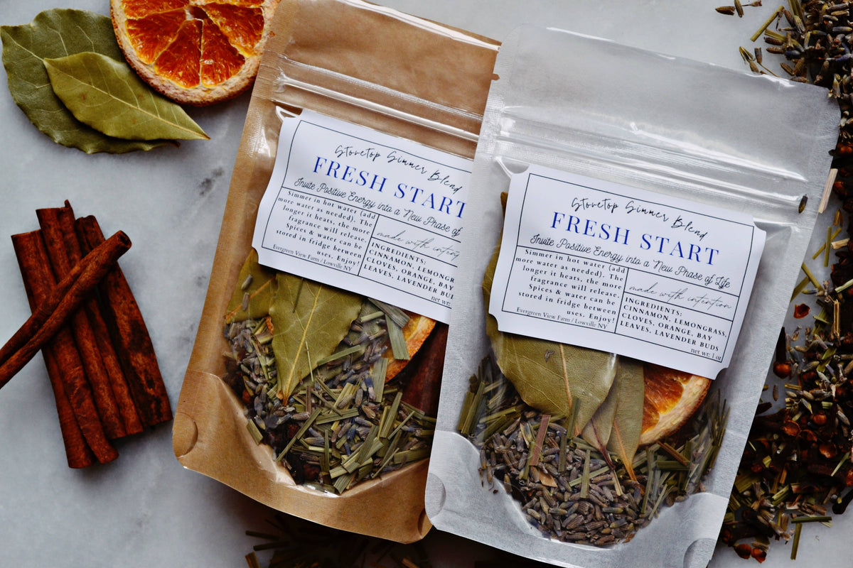 Simmer Pot Kit "Fresh Start" Stovetop Blend New Intentions: Brown kraft standup pouch