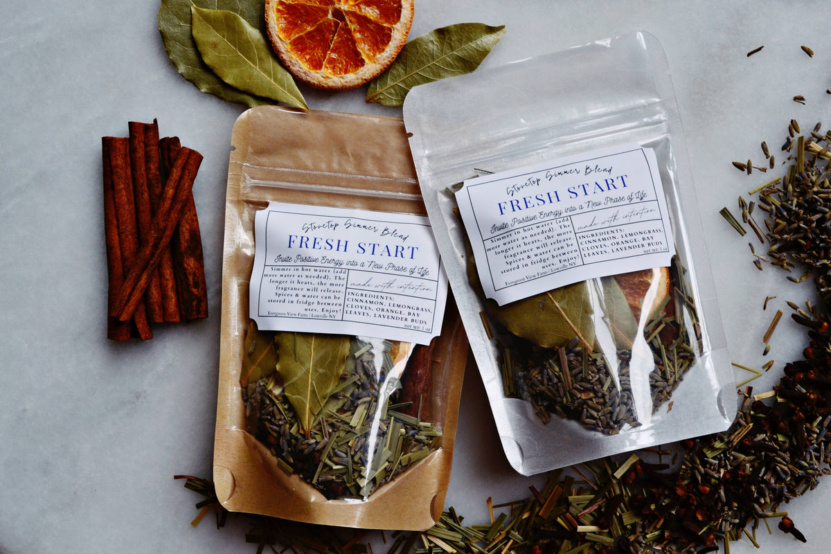 Simmer Pot Kit "Fresh Start" Stovetop Blend New Intentions: Brown kraft standup pouch