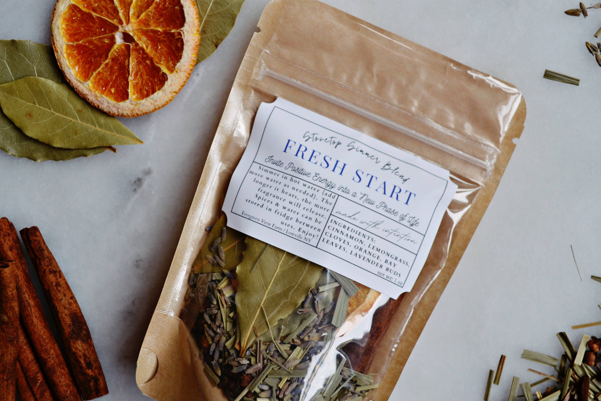 Simmer Pot Kit "Fresh Start" Stovetop Blend New Intentions: Brown kraft standup pouch