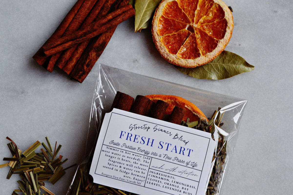 Simmer Pot Kit "Fresh Start" Stovetop Blend New Intentions: Brown kraft standup pouch