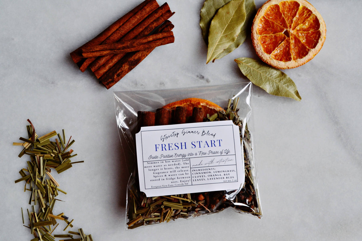 Simmer Pot Kit "Fresh Start" Stovetop Blend New Intentions: Brown kraft standup pouch