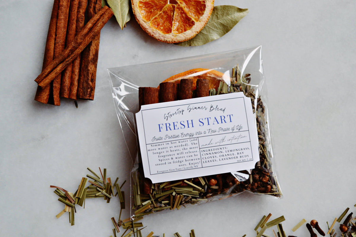 Simmer Pot Kit "Fresh Start" Stovetop Blend New Intentions: Brown kraft standup pouch