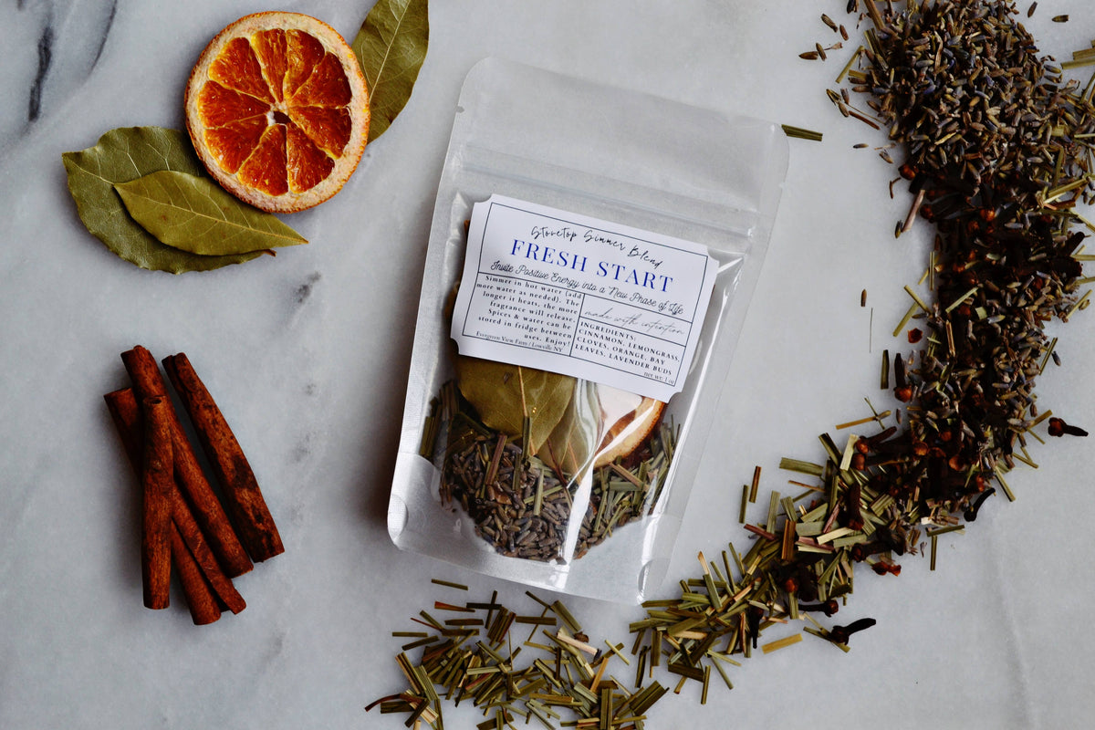 Simmer Pot Kit "Fresh Start" Stovetop Blend New Intentions: Brown kraft standup pouch