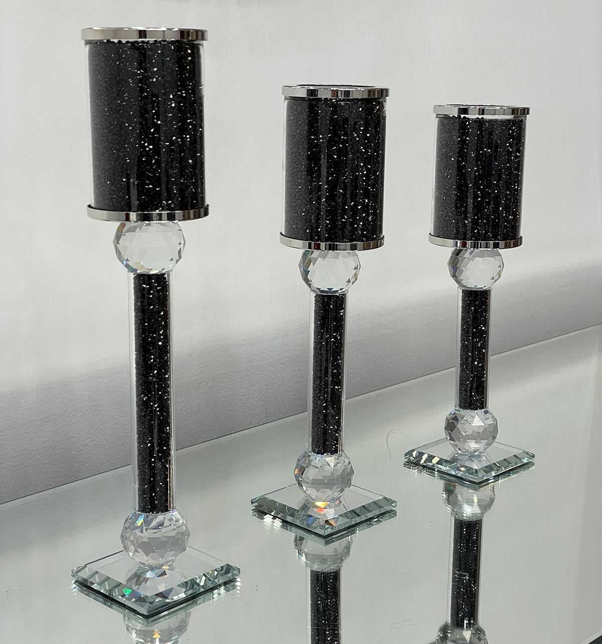 Ambrose 3 Candles Holder Set, Black Crushed Diamonds Glass